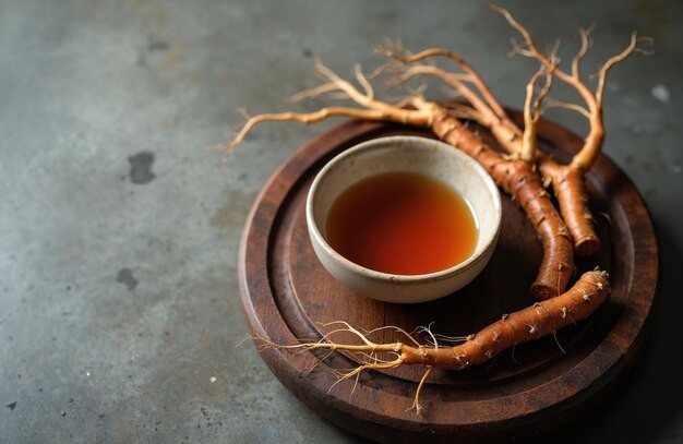 Red ginseng root around a cup of ginseng tea