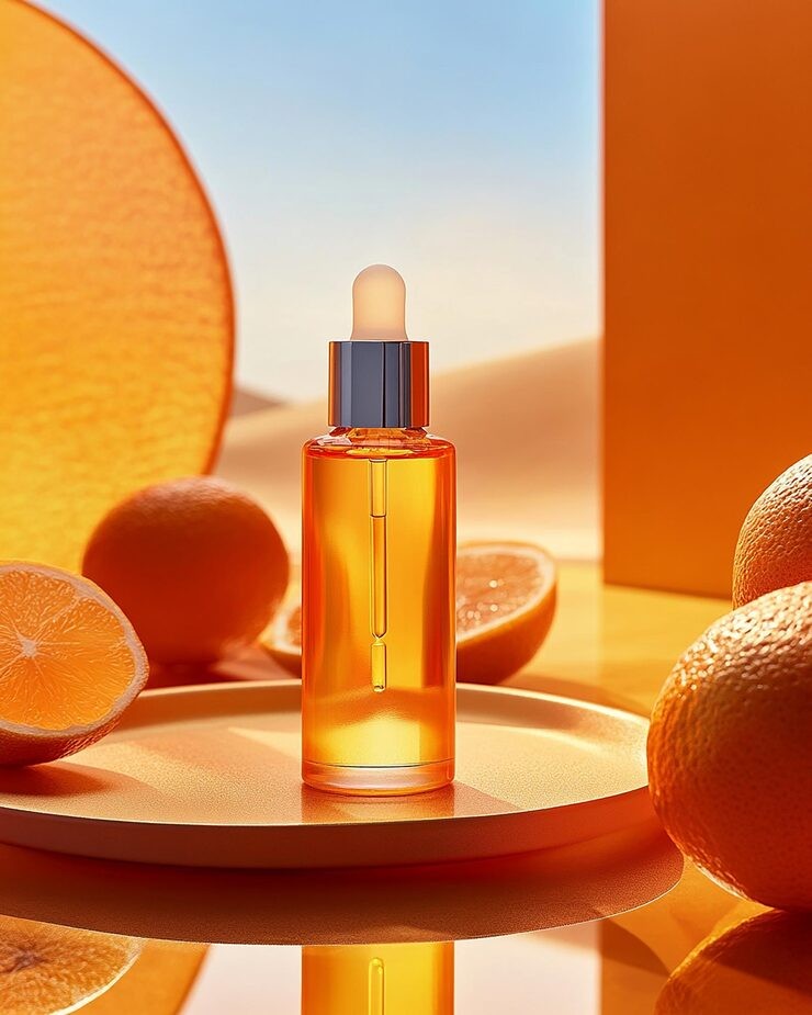 A bright orange skincare serum surrounded by oranges in the sun