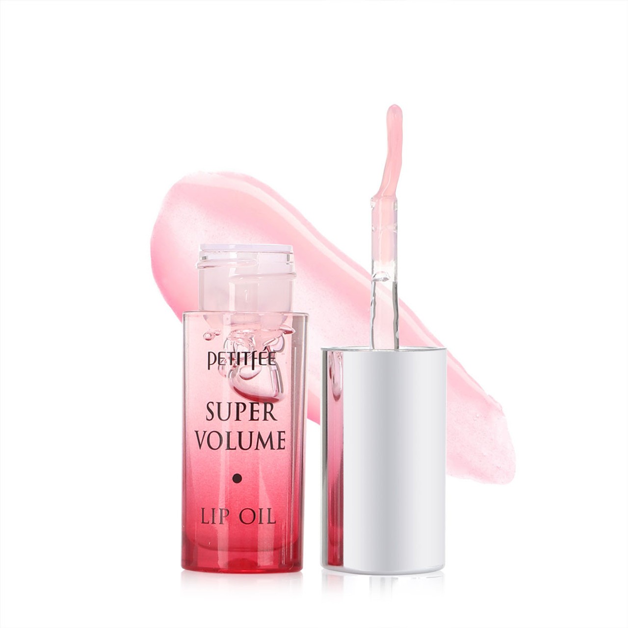 Petitfee Super Volume Lip Oil on white background with streak of pink lip oil