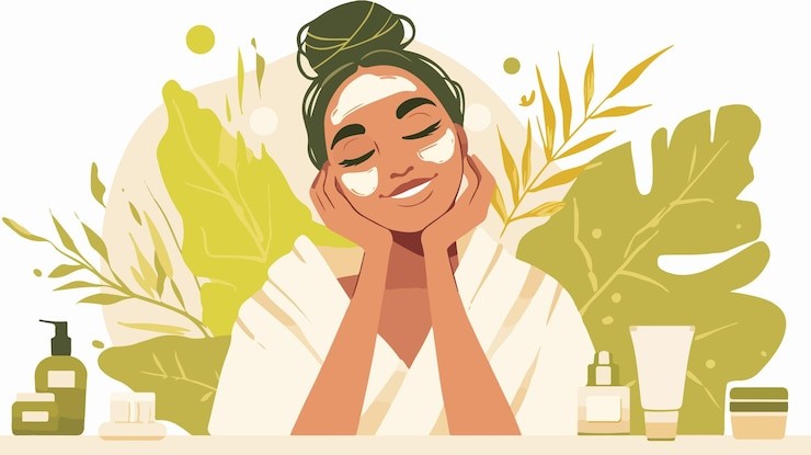 Young woman holding her head in her hands, smiling and wearing a face mask surrounded by leaves and skincare products
