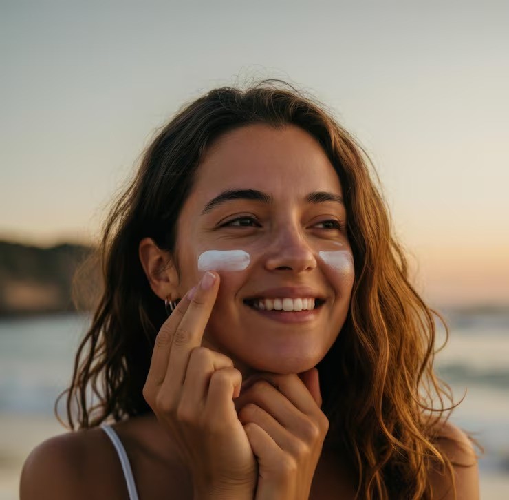 Young woman applying sunscreen in front of a warm sunset