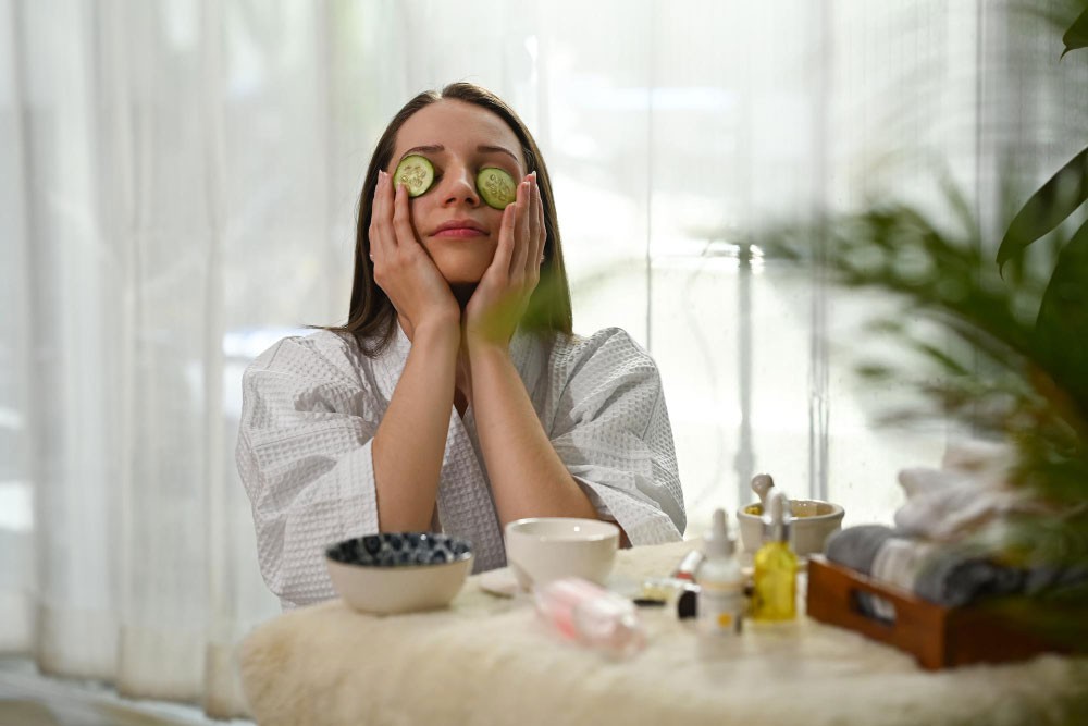 Woman with cucumber slices on her eyes, holding her face and sitting at a table