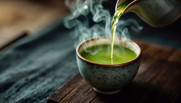 Cup of green tea being actively poured, showing green tinted liquid with steam into a traditional, clay cup.