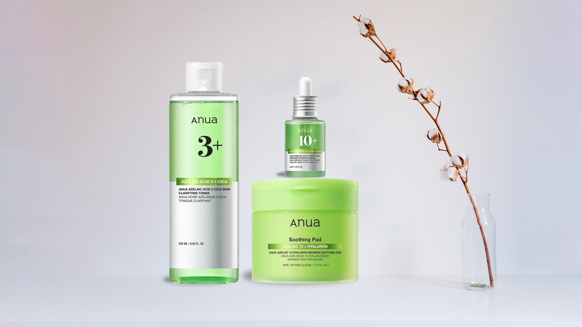 Anua Azelaic Acid skincare range - including serum, toner and soothing pads