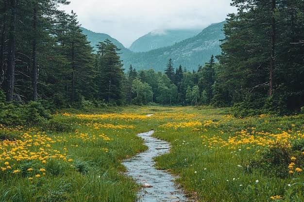 Mountains over a valley with yellow carpet flowers