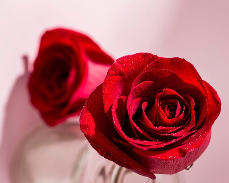 Close of up of crimson red rose with small droplets of water