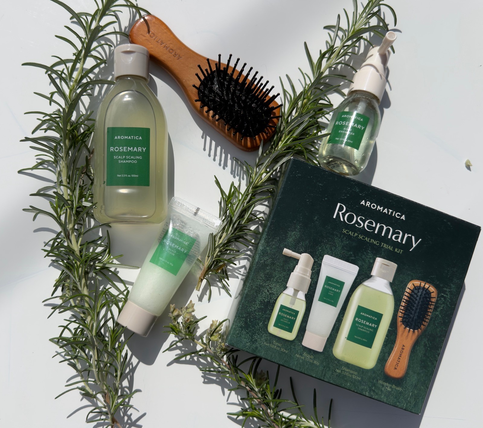 Aromatica Hair Rosemary Products standing in a group