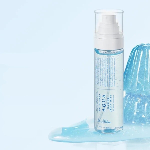 Dr Althea Aqua Marine Jelly Mist standing next to a melting ice-blue jelly