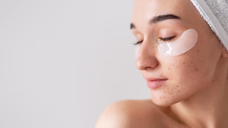 Young woman with acne blemishes and hydrogel eye patches under each eye