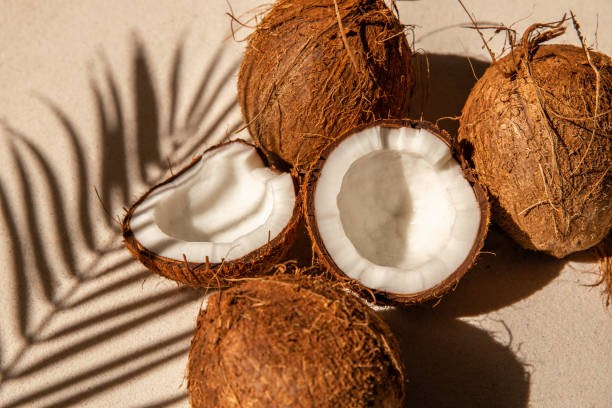 Pile of open coconuts sitting on soft sand in the shadow of palm tree