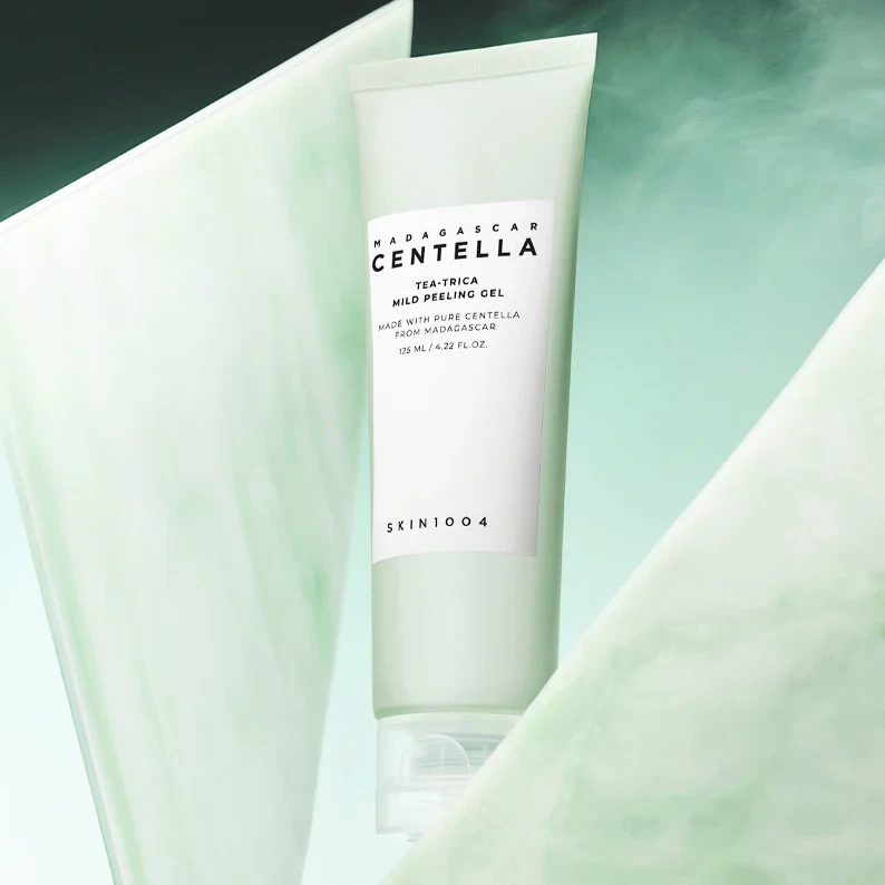 Skin1004 Madagascar Centella Tea-Trica Peeling Gel on smoky jade background
