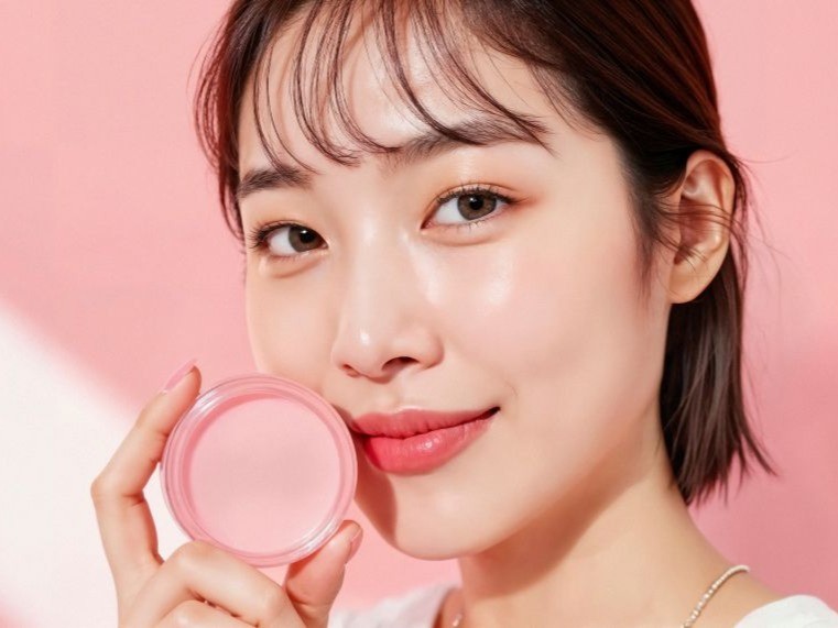 Korean woman doing skincare routine, holding up blush palette