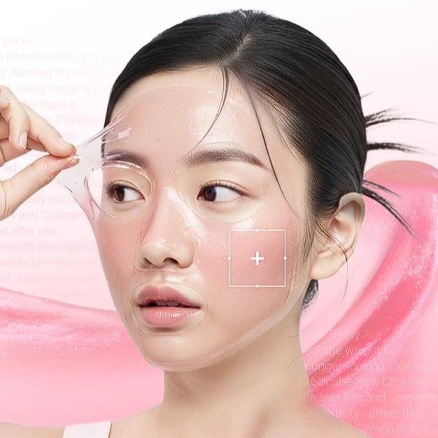 Medicube PDRN Caffeine Night Wrapping Mask model wearing the hot-pink mask