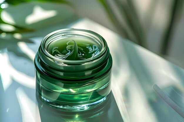 Jar of forest-green face cream with strands of seaweed stirred through