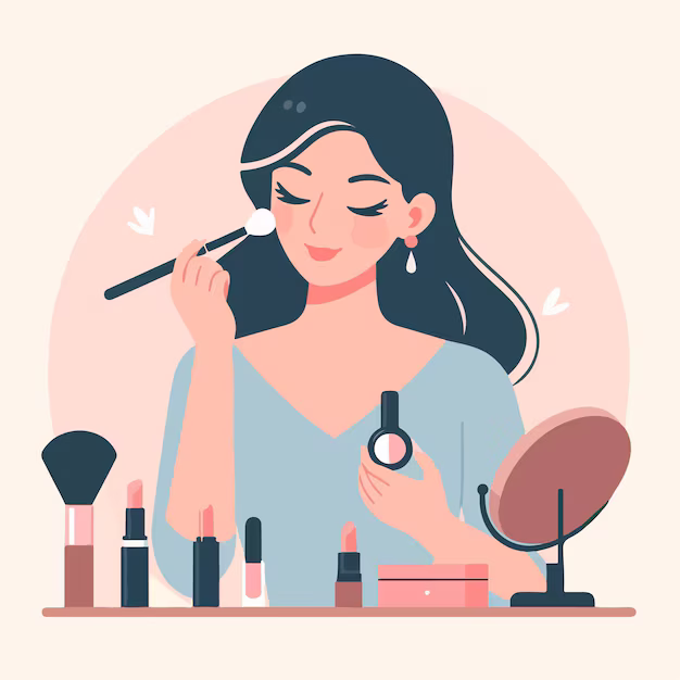 Cartoon woman applying makeup in a small desk mirror