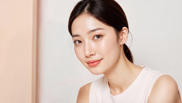 Young woman posing, smiling with dark hair and pale, cream skin tone