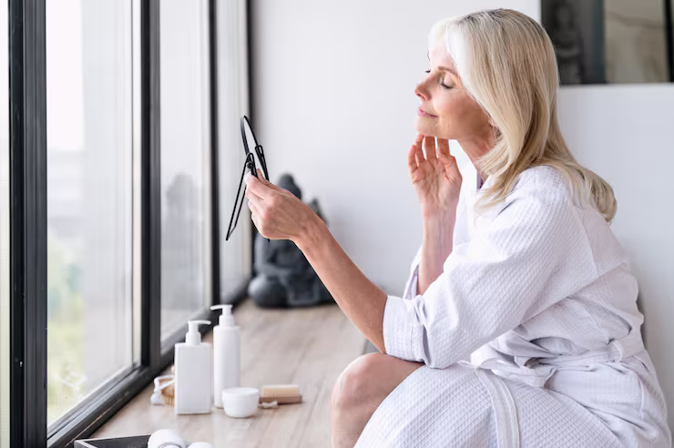 Mature woman in white dressing gown sitting by the window and looking into a hand mirror
