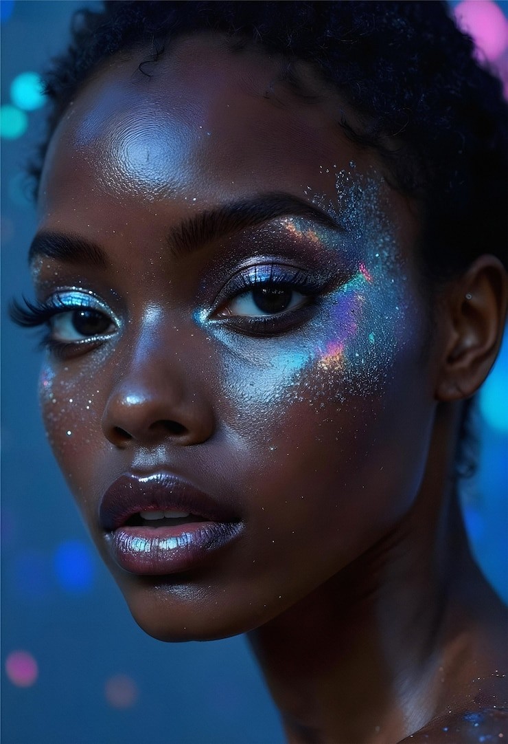 Young woman with short, black curls with high cheek bones and eyeshadow of neon-blue glitter