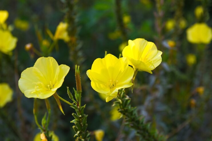 Bright yellow flowers open towards camera in bush