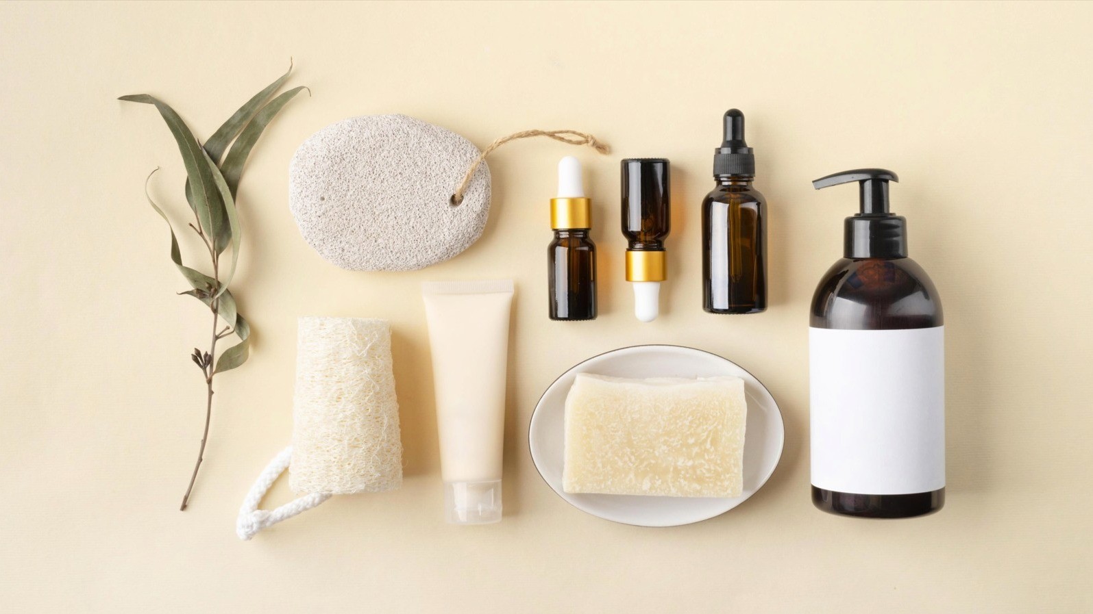 A variety of skincare products carefully lined up with a sponge and eucalpytus branch