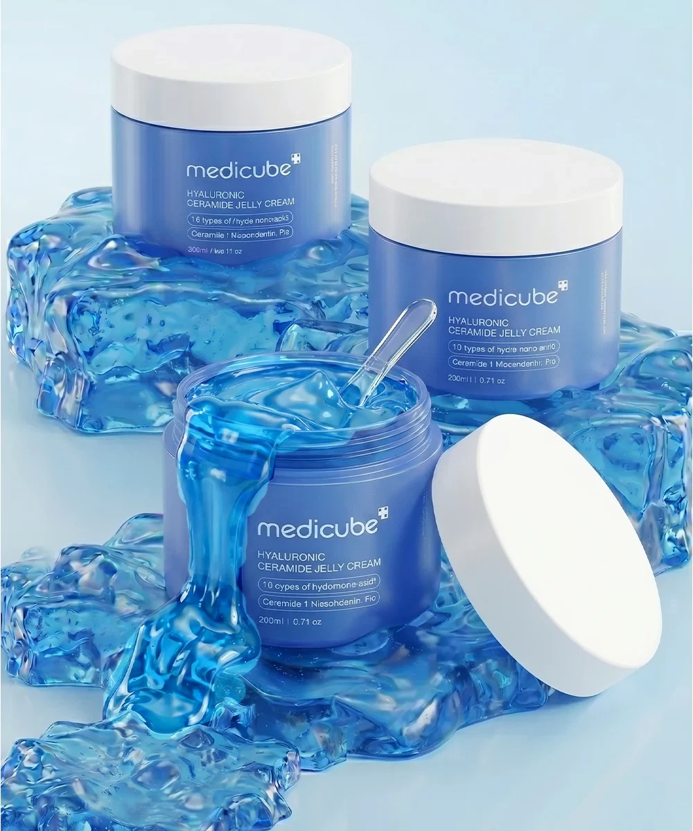 Medicube Hyaluronic Ceramide Jelly Cream pots surrounded by jelly