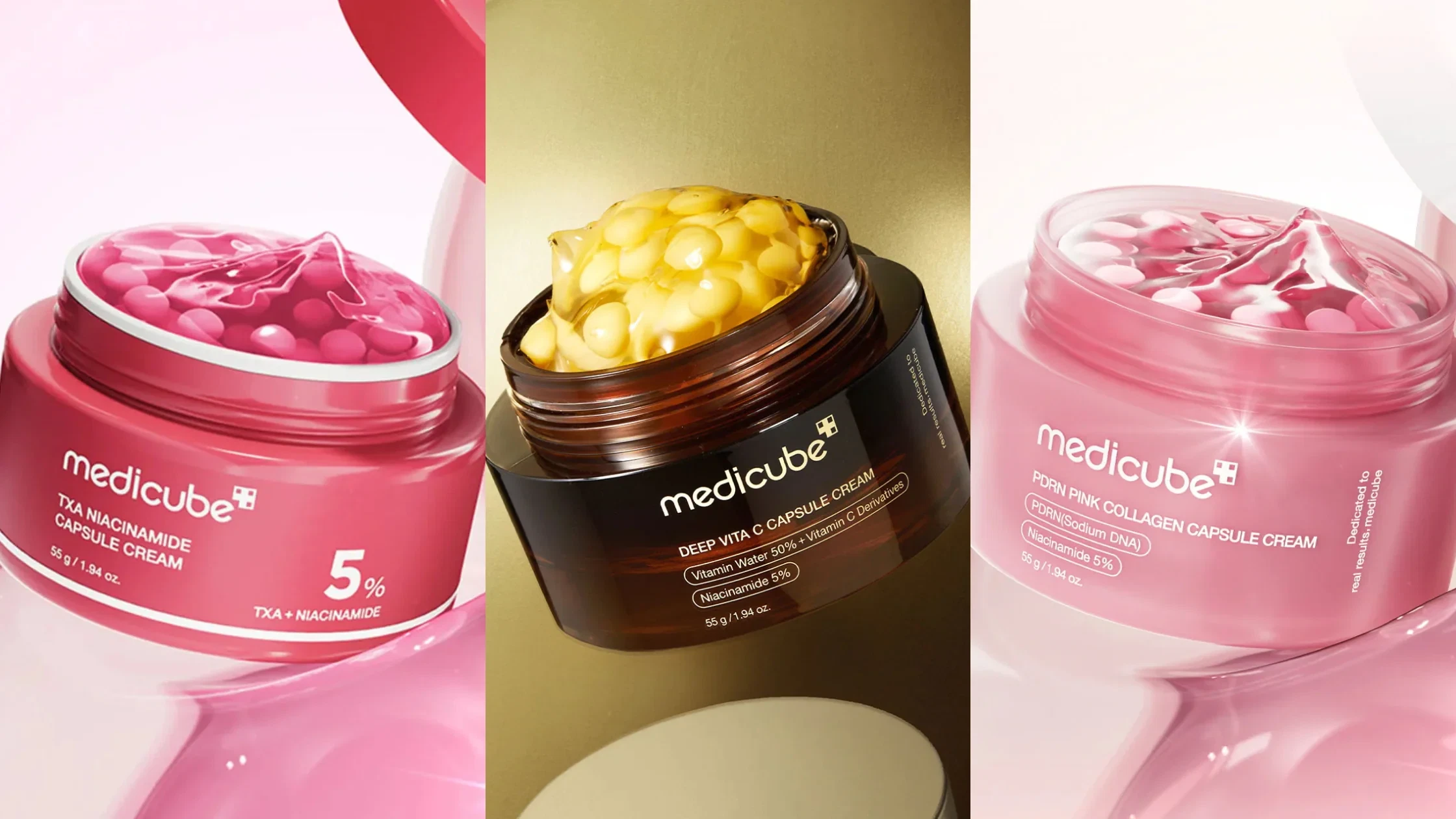 Medicube line-up of capsule creams including PDRN, Vita C and TXA