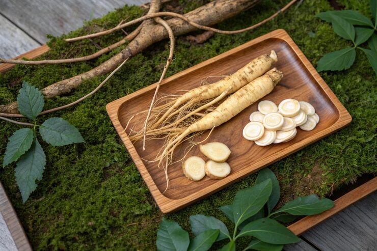 Ginseng root resting on a wooden board, next to slices of cut ginseng